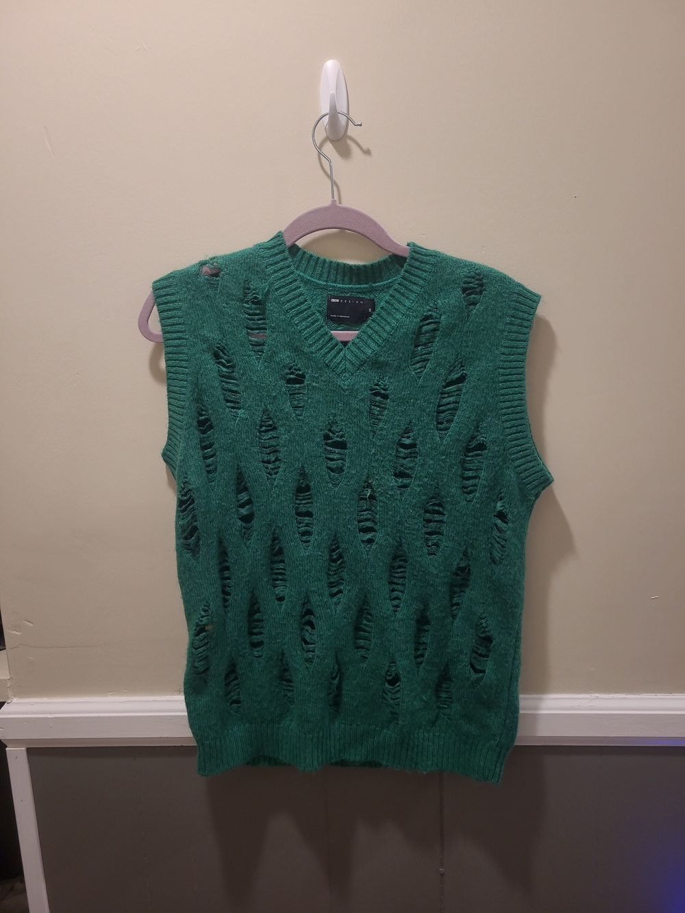 Asos Design Mens Xs Green Distressed Sweater Vest Grunge Rock Preppy